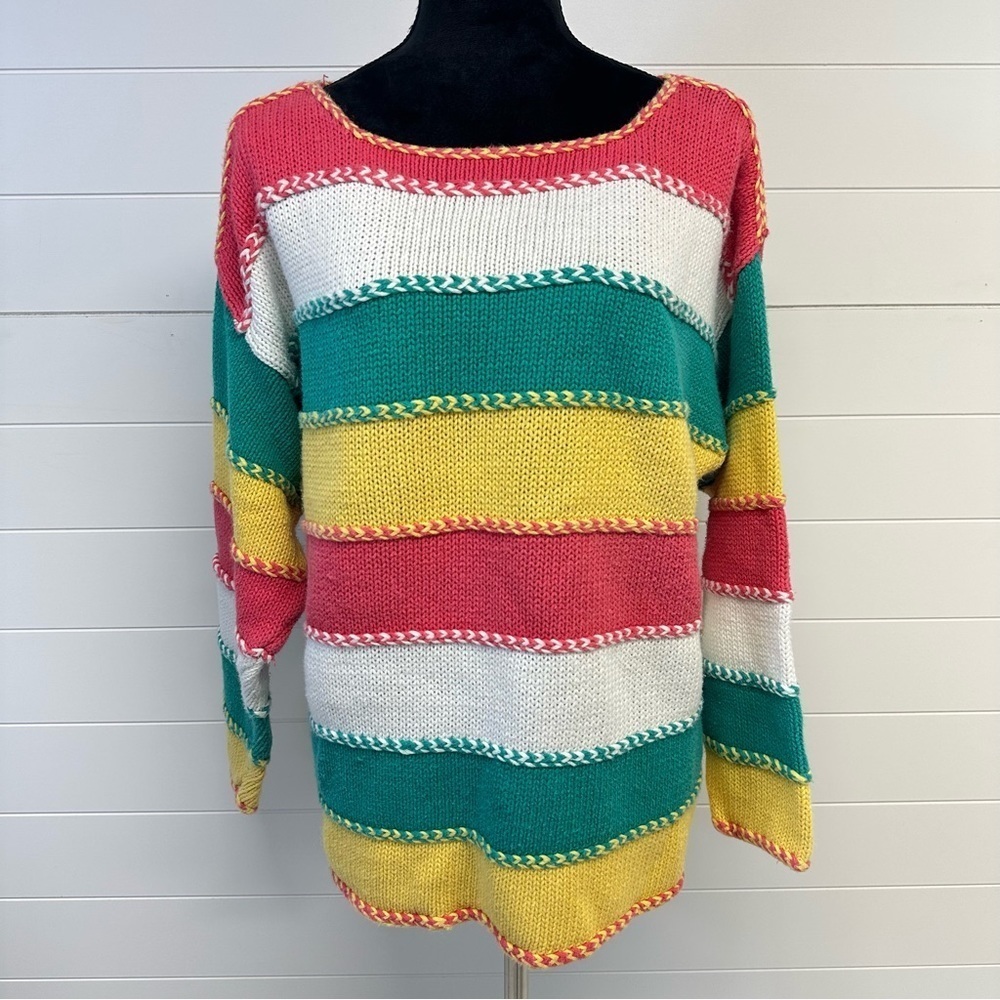 Vintage 90’s Accordeon Cotton Blend Color Block Chunky Knit Oversized Sweater M